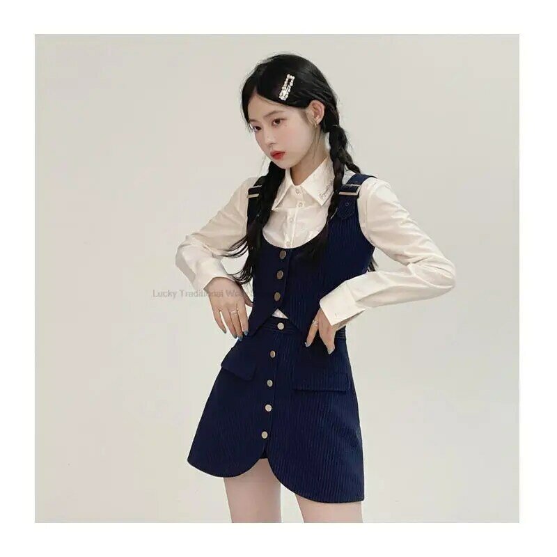 Spring Summer New Korea Japanese Style Girl Long-sleeved Shirt Vest High-waisted Skirt College Style Three-piece Jk Uniform Set