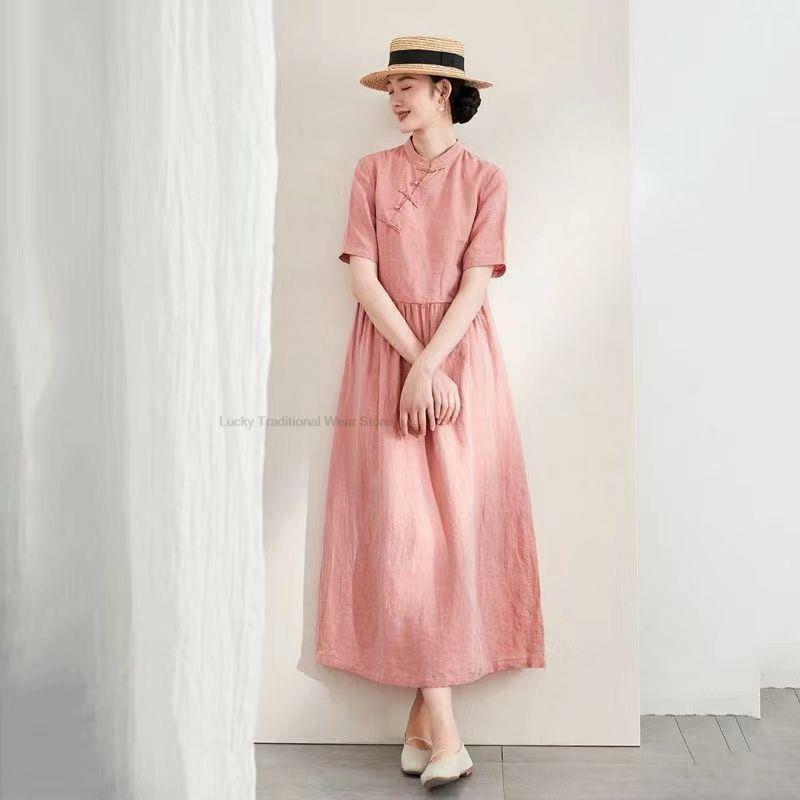 Gaun gaya Cina wanita Retro gesper katun Linen lengan pendek longgar dan tipis Linen gaya Oriental gaun Cheongsam a-line