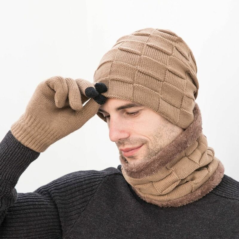 Sarung tangan rajut untuk pria, topi beanie kasual nyaman elastis musim dingin, sarung tangan syal leher