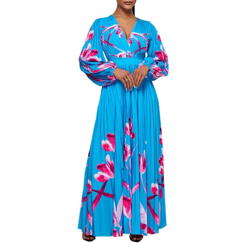 Vestido africano de manga longa para mulheres, decote em v, festa noturna, maxi, dashiki, roupa africana, plissado, 3XL, primavera, 24, 2022