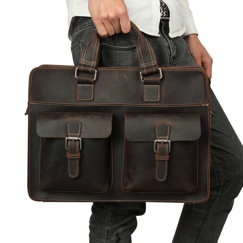 Tas bahu pria 15.6 "asli bisnis, tas Laptop kulit kuda gila Vintage