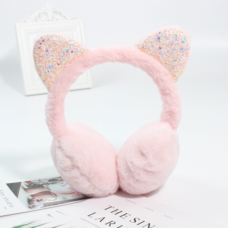 New Thickened Winter Female Plush Folding Earflap Cute Sequin Cat Ear Earmuffs Student Ear Warm Cover Outdoor Ear Protection