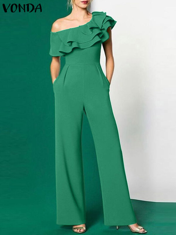 Plus Size 5XL VONDA Elegant Long Jumpsuits Women Office Rompers 2024 Summer Casual Solid Color Ruffled Off Shoulder Overalls