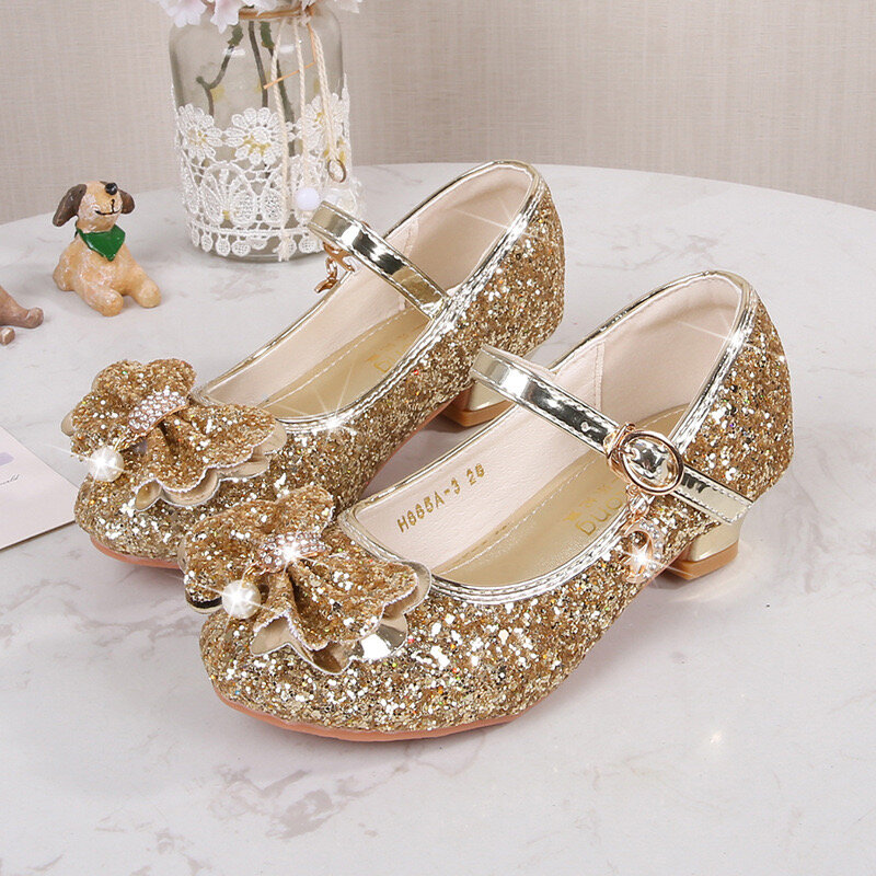 Sapatos de dança de couro borboleta para meninas, salto alto com diamante, sapato de glitter infantil, princesa, 2024