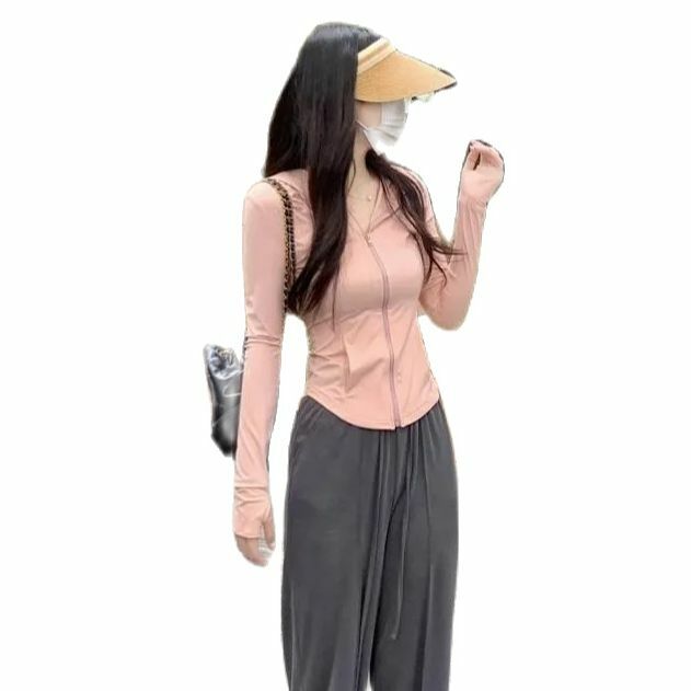 T-shirt con cappuccio e Zip a prova di sole donna Y2K Harajuku Sexy Slim Crop top Streetwear Casual Basic Tees tuta cappotto