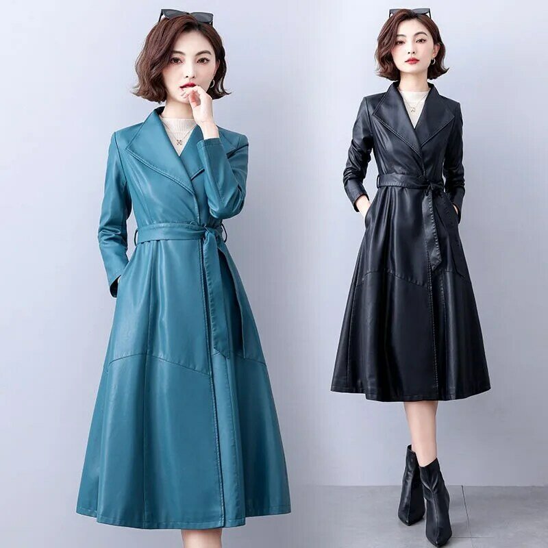 Mantel angin kulit temperamen wanita, Luaran kulit gaya Korea bertali panjang ukuran besar