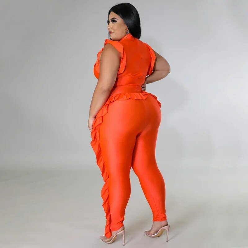 WUHE оранжево-черный женский Блестящий комбинезон без рукавов с круглым вырезом и боковыми оборками