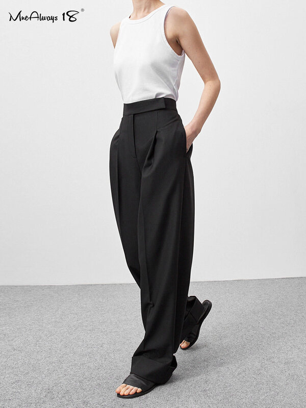 Mnealways18-Spring e calças femininas pretas de escritório de verão, calças de cintura alta com bolsos, pernas largas plissadas femininas, calças sólidas, 2021