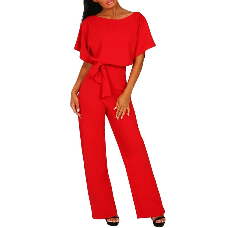 Women'S High Waist Jumpsuits Summer Straight Fitting Casual Tie Round Neck Jumpsuits Daily Commute Solid Short Sleeve Jumpsuits