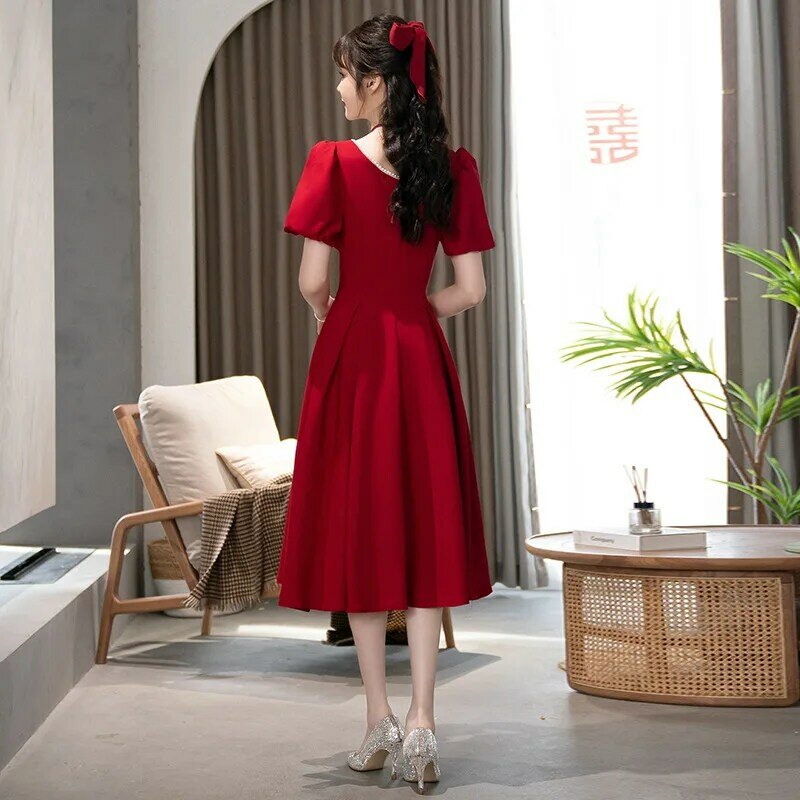 Женское платье с квадратным вырезом, темно-красное элегантное платье средней длины с коротким рукавом-фонариком, трапециевидного силуэта, официальное платье