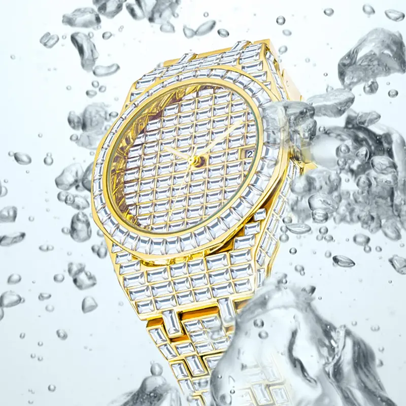 최고 브랜드 럭셔리 힙합 풀 바게트 다이아몬드 시계 18K 골드 남성용, 아이스 아웃 방수 남자 시계