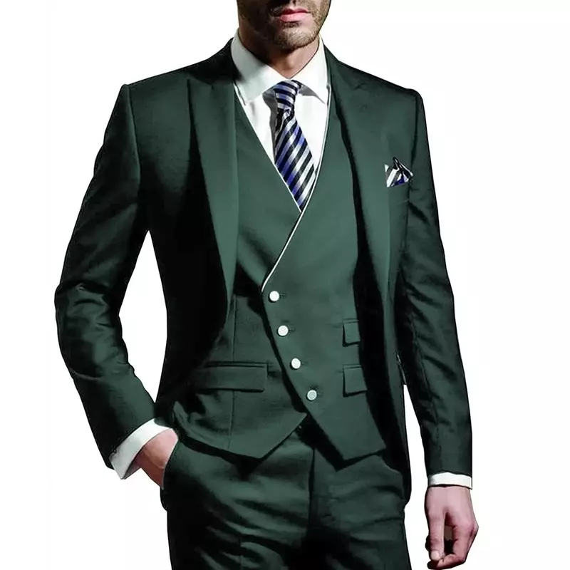 Men Suit  Army Green 3 Piece Groom Wear Peak Lapel Wedding Tuxedos Business Party Evening Jacket Vest With Pants