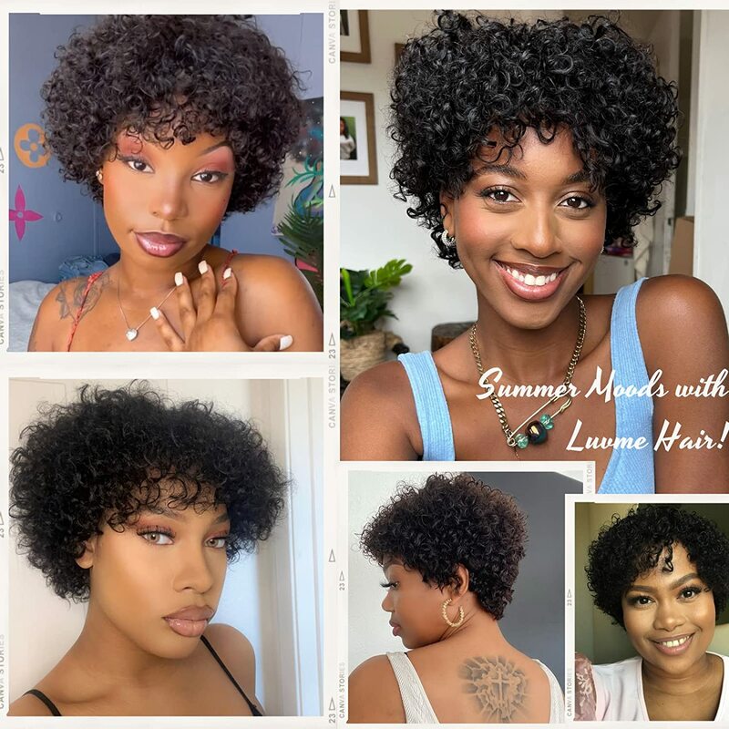 8 Inch Short Pixie Curly Bob Wig with Bangs Brazilian Human Hair Bouncy Curl Wig for Women Ready to Go Wig