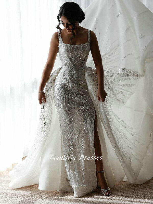 Lujoso vestido de novia de sirena de Dubái, con cuentas de cristal y flores, tren desmontable, cuello cuadrado, sin mangas, estilo árabe saudita