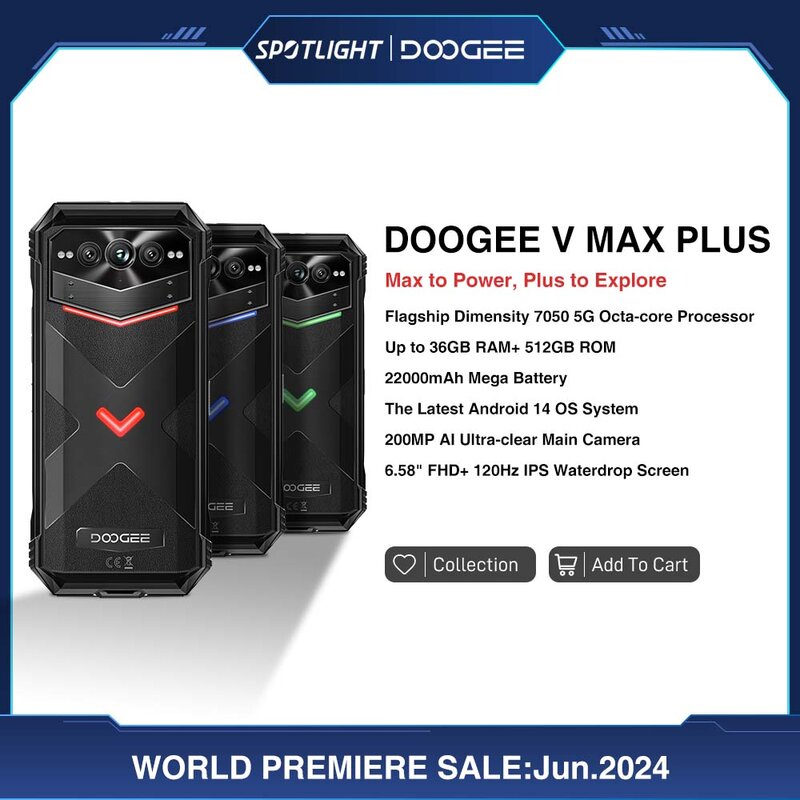 Doogee-V Max Plus Telefone Robusto, Câmera 200MP, Android 14, 22000mAh, 36GB, 16 + 20, 512GB, 6,58 ", 120Hz, Dimensity 7050, Estreia Mundial