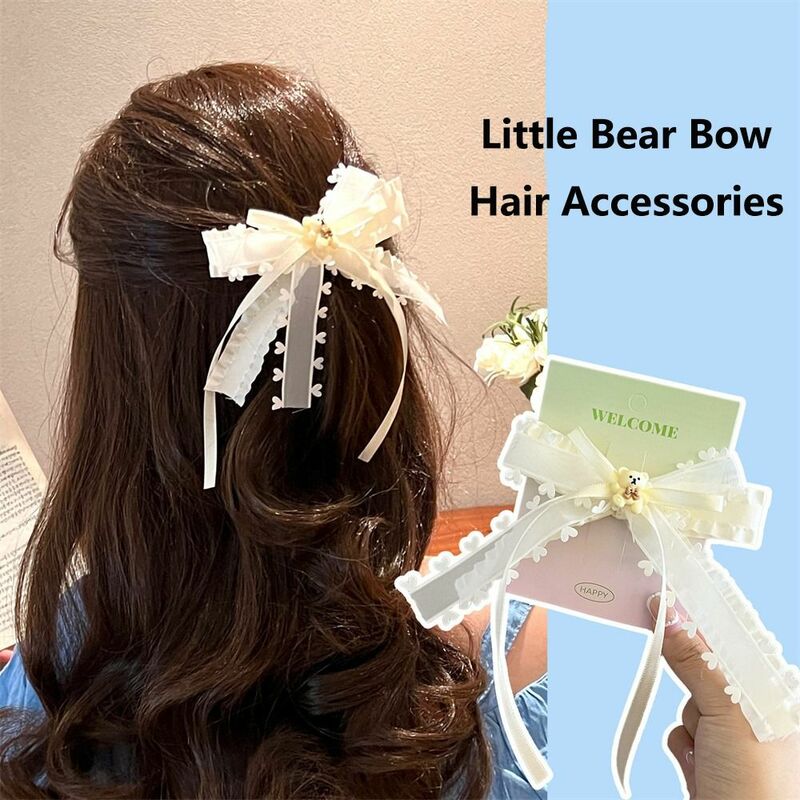 Double Layer Ponytail Bowknot Hair Rope, Milk White Bear, Mini Coração, Cute Bow Hair Clip, Presilha, Sem Gancho, Duck Billed Clip