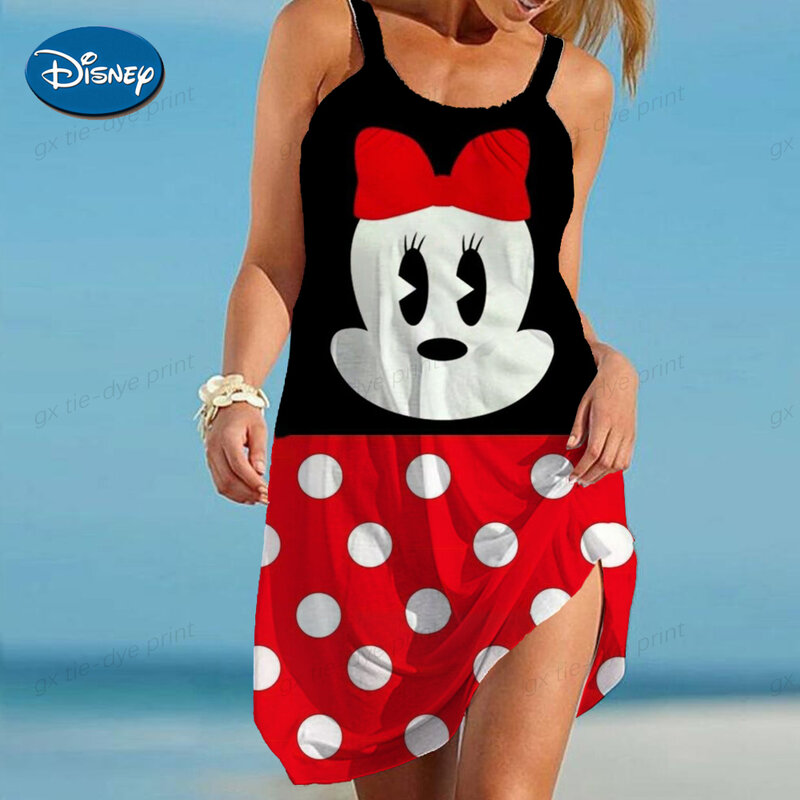 Sukienka damska Minnie Mouse eleganckie sukienki Boho 2023 letnia kobieta luźna plaża Sexy Mickey Cartoon bez rękawów Disney Print
