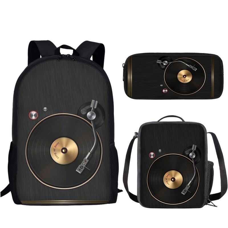 3Pcs Vinyl Record Print School Bag Set Fashion Backpack Boys Girls Teenager Large Capacity Book Bag with Lunch Bag Pencil Bag