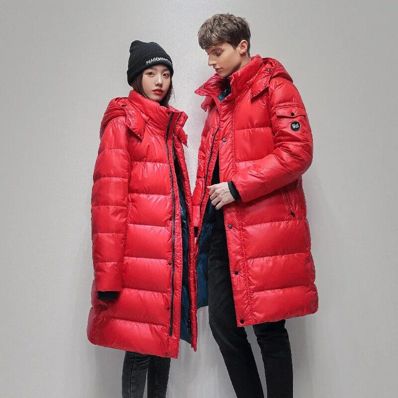 Men's Women Thick （Winter) Warm X-Long Jacket  90% White Duck Down Fashion Hooded Cold Resistant Parker Brand Red Winter Coat