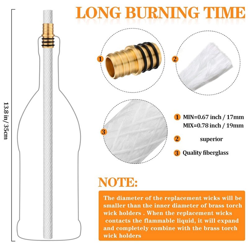 16PCS DIY Homemade Torch Metal Wine Bottle Torch Kit Include Brass Torch Wick Holder With Washer, Torch Wicks And Lamp Cover