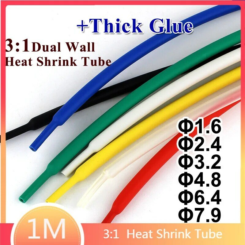 1M 1.6/2.4/3.2/4.8/6.4/7.9/9.5mm Dual Wall Heat Shrink Tube thick Glue 3:1 ratio Shrinkable Tubing Adhesive Lined Wrap Wire kit