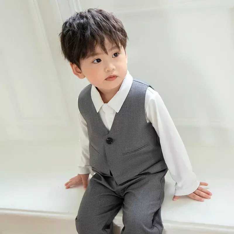 Boysautumn-Conjunto de traje de chaleco y pantalones para bebé, traje de fotografía de primer cumpleaños, Color sólido, coreano, guapo, niño