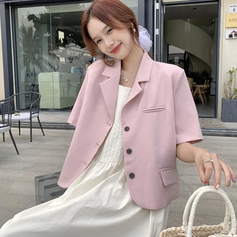 Giacca da abito rosa manica corta donna 2024 elegante giacca monopetto da ufficio donna estate colletto con risvolto cappotto corto Casual