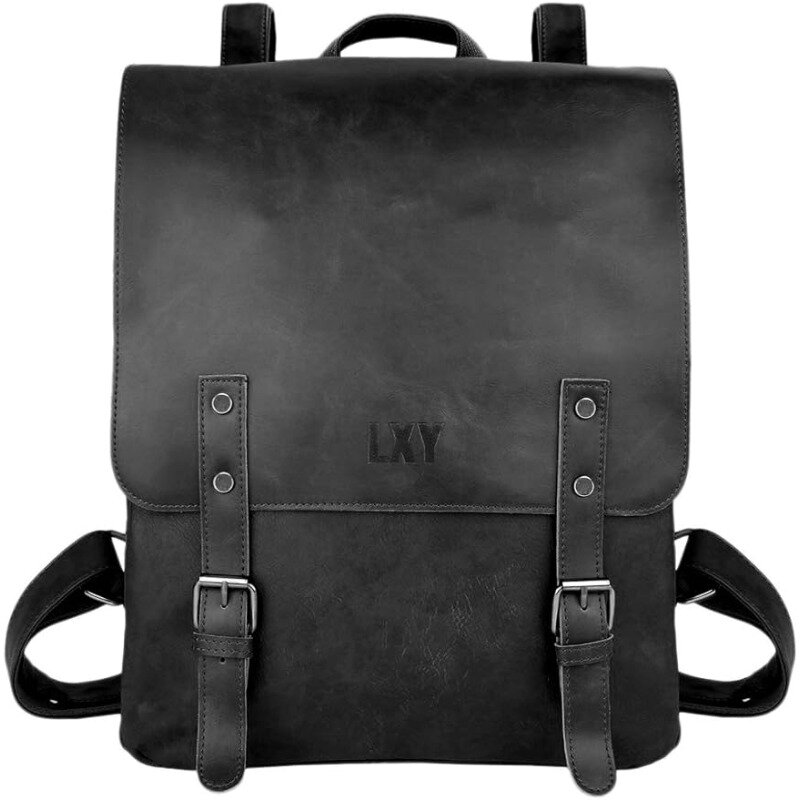 Black Faux Leather Bookbag para homens e mulheres, bolsa, bolsa, fim de semana, viagem, mochila