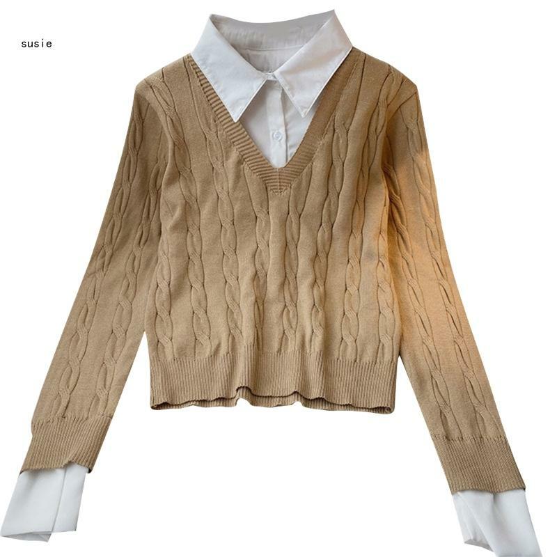 X7YA, camisa de retales para mujer, manga larga con cuello, 2 en 1, pulóver, blusa, estilo camiseta, suéter de punto con Cable,