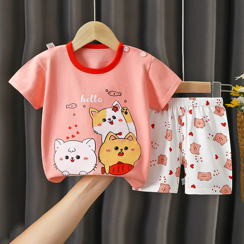 Летняя одежда для маленьких девочек, комплект из мультяшного хлопка с коротким рукавом для девочек от 0 до 3 лет, детская одежда