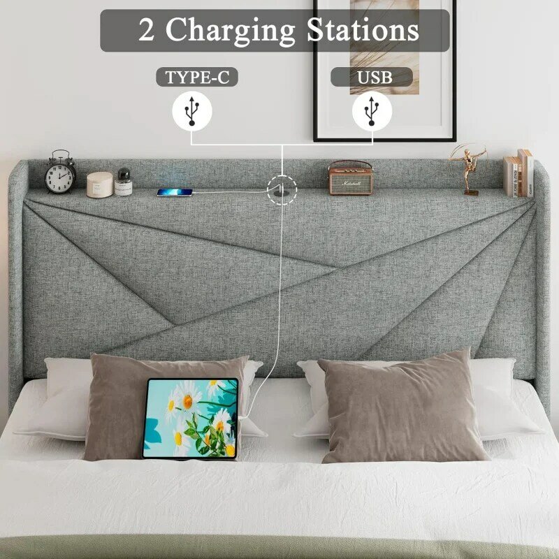 Pełne rama łóżka z portami typu C i USB, tapicerowane łóżko z pełnymi bokami rama łóżka z zagłówkiem do przechowywania skrzydeł, litego drewna