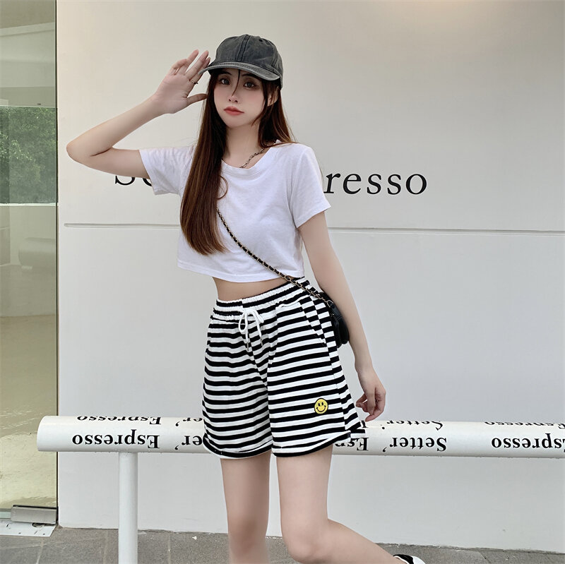 Korean Summer Stripe Shorts Women Casual Black All Match Wide Leg Pants