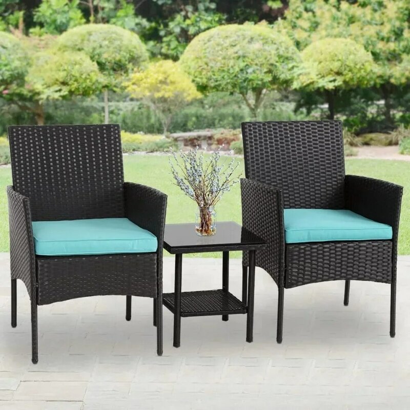 Set di mobili da esterno da 3 pezzi, mobili per sedie Set di conversazione bistrot 2 sedie in vimini con rivestimento blu e tavolino in vetro