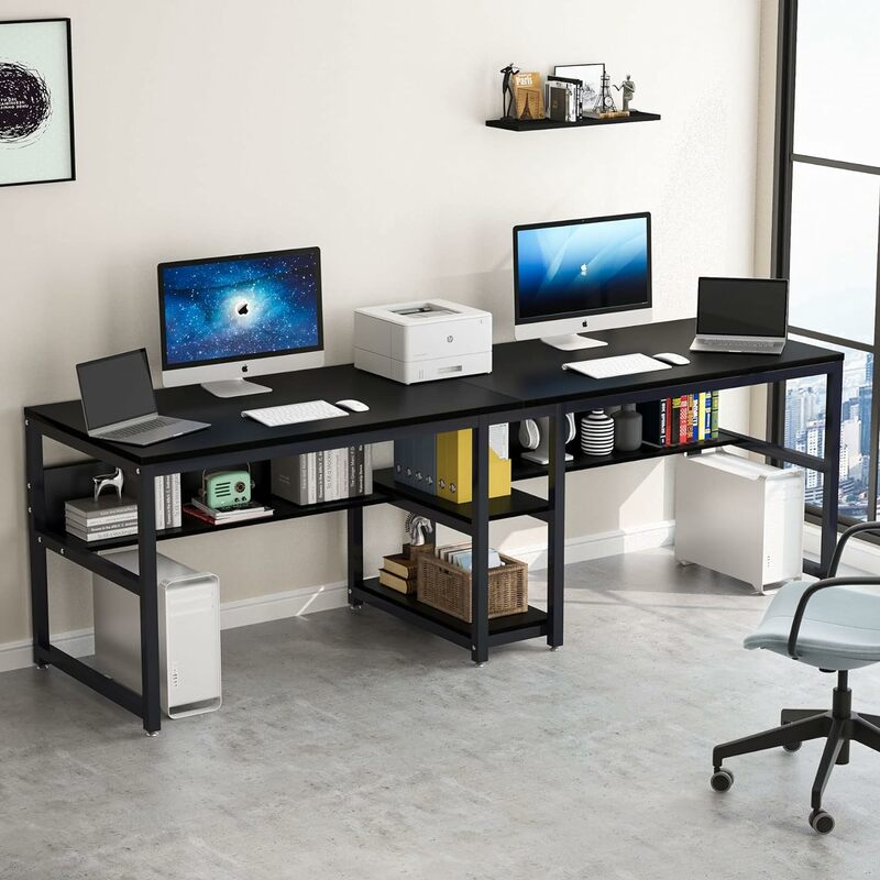 Tribesigns 책꽂이가 있는 2 인용 책상, 78.7 컴퓨터 사무실 더블 책상, 소박한 필기용 책상, 워크스테이션