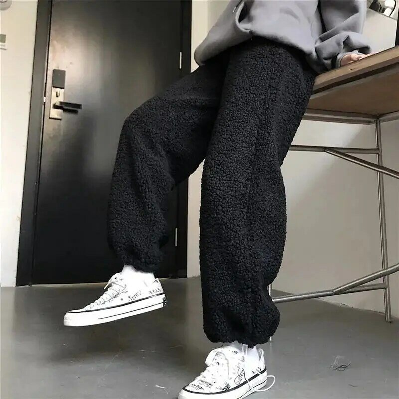 Calça macia de cordeiro grossa quente, Harajuku, perna larga, calça de harém, folgado, casual, calça reta, estilo coreano, inverno