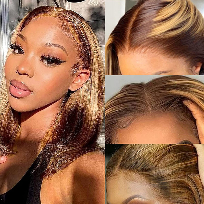 Highlight Color Short Bob Lace Wig Human Hair Peruvian Straight Lace Front Wig P4/27 Honey Blonde 4x4 Lace Closure Wig for Women