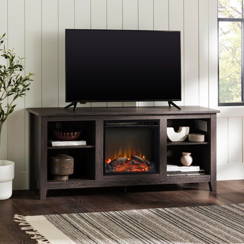Wren Classic 4 Cubby Fireplace TV Stand for TVs up to 65 Inches, 58 Inch, Charcoal
