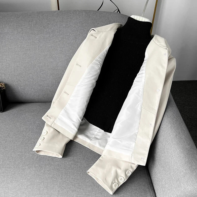 Manteau en Cuir group pour Femme, Vêtement d'Extérieur Blanc, Slim, en Peau de Mouton, Imbibé, Nouvelle Collection Printemps Automne 2024