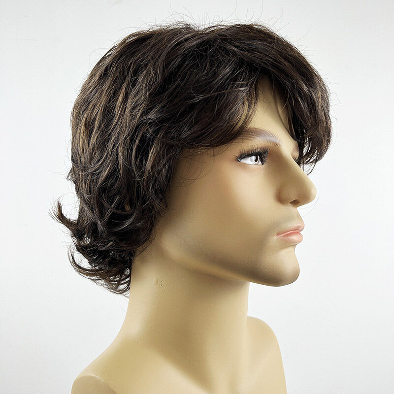 Short Men's Mixed Brown Wavy Breathable Boy Synthetic Heat Resistant Cosplay Party Hair Wigs