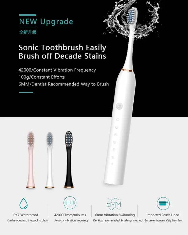 Escova de dentes elétrica com cabeça de substituição Escova de dentes dentada inteligente USB recarregável Dentes limpos Clareamento Sonic
