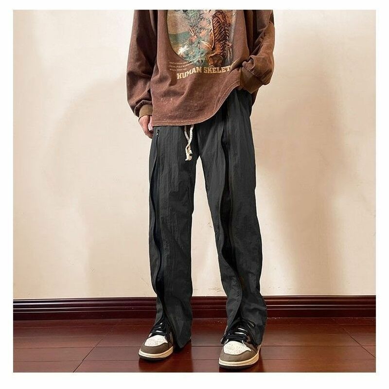 Czarne bawełniane spodnie Cargo męskie prosta rurka Cityboy Pant moda Streetwear w stylu Vintage spodnie wodoodporne spodnie zapinane na suwak