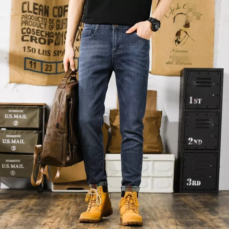 Jeans de perna reta solta masculino, calça jeans, stretch, marca de moda, 2023
