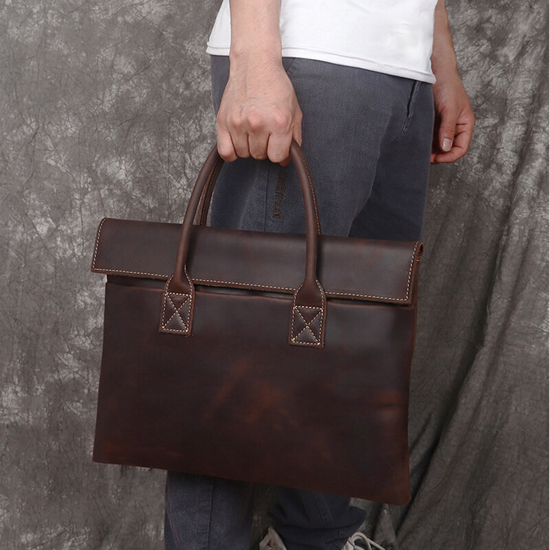Genuine Leather Briefcase For Men Crazy Horse Top Layer Cowhide Vintage Executive Laptop Office Handbag Tote Business Clutch Bag