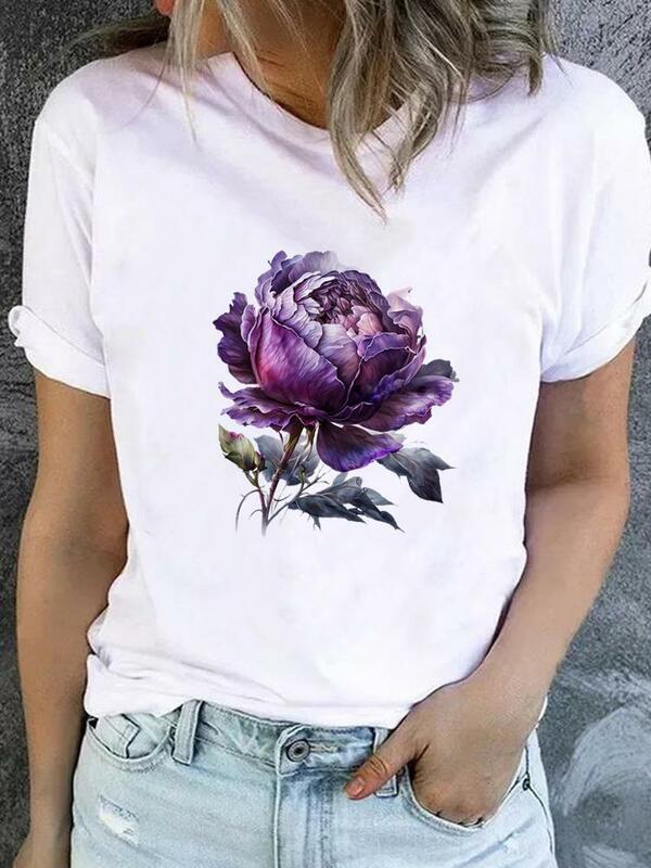 Camiseta estampada de flores feminina, Roupa manga curta, T-shirt, Roupa superior, fofo, Sweet Trend, Básico, Moda Anos 90, senhoras, mulheres