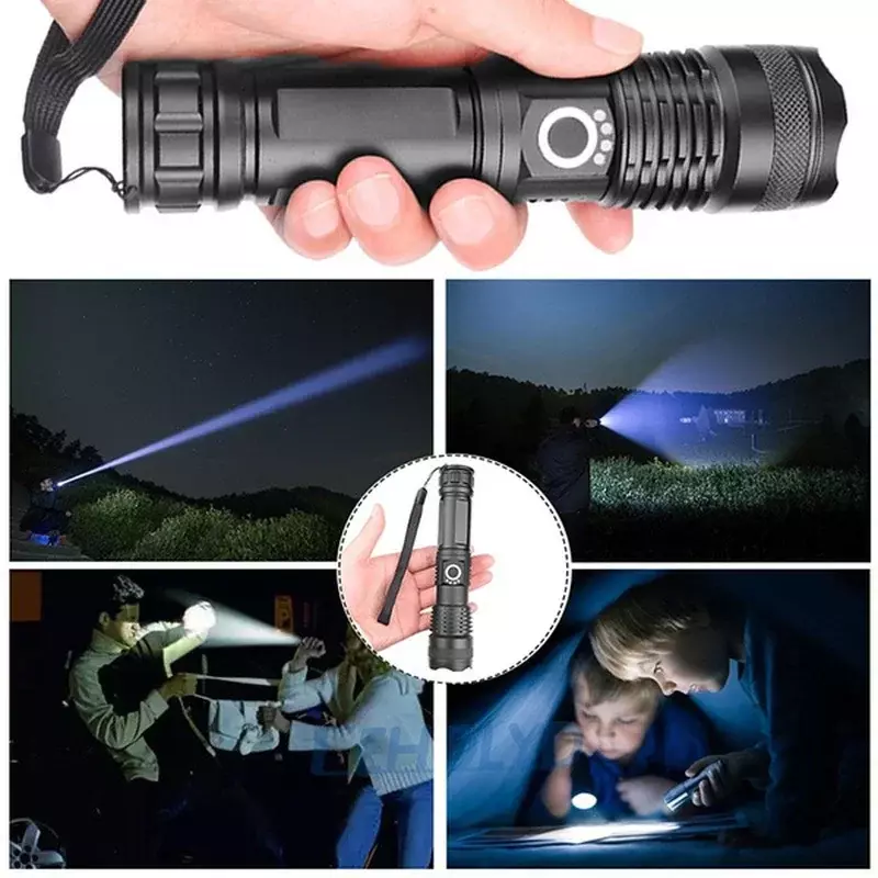 Lampe de poche LED aste haute puissance XGardens 100, torche à 4 cœurs, lanterne à main n'aime USB pour le camping, l'extérieur et les urgences