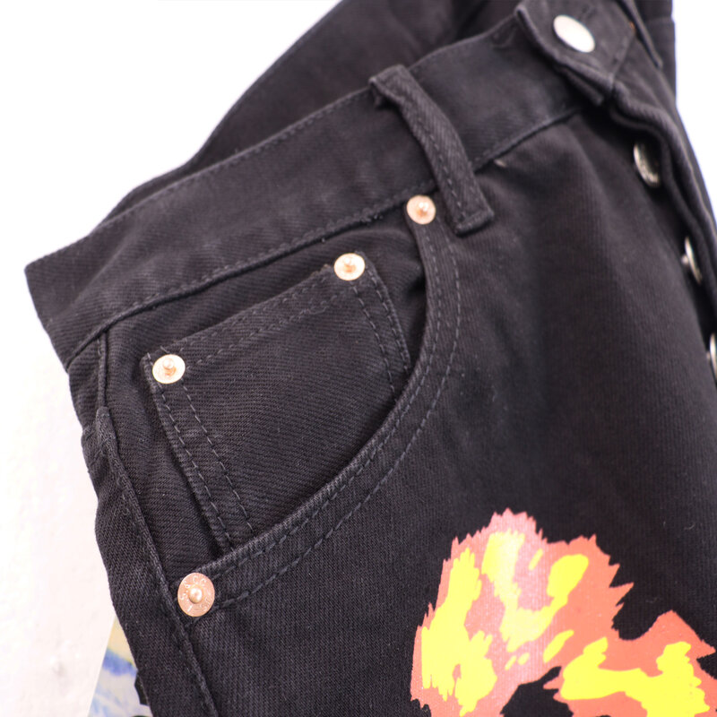 Celana Jeans pria merek Fashion celana pensil cetak Kapok Retro Distressed gaya pakaian desainer garis utama DENIM jalanan tinggi 24Fw