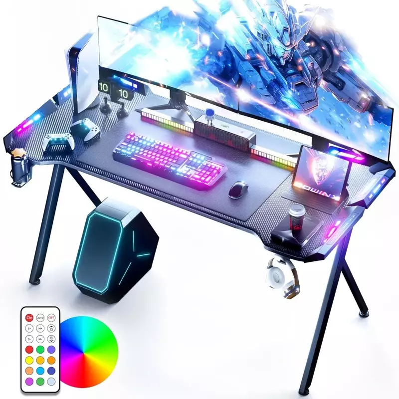 Meja game dengan lampu LED, Meja Komputer Gaming RGB dengan permukaan serat karbon, meja kantor rumah LED dengan Remote kontrol
