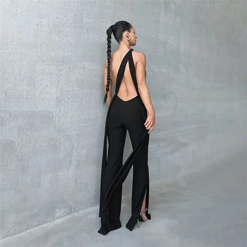 Cut Out Deep V Wrap Around Halter Sexy Backless Flare Side Slit Pants Jumpsuits Fashion Outfits Women One-Piece Rompers Overalls