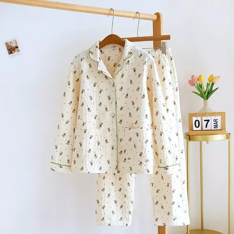 Conjunto de pijama de duas peças de algodão feminino, roupa de dormir grossa, flor fofa, Casa, Grande, Novo, Outono, Inverno, 2023