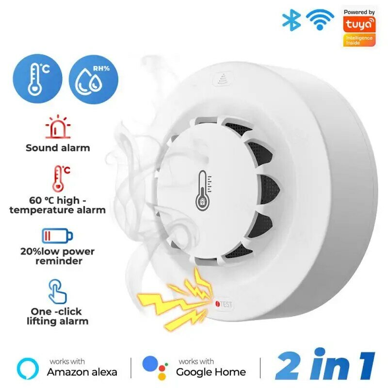 Tuya Wifi Smart Smoke Alarm Fire Temperature And Humidity Detection 80dB For Alexa Google Home Smart Life Smart Home Security